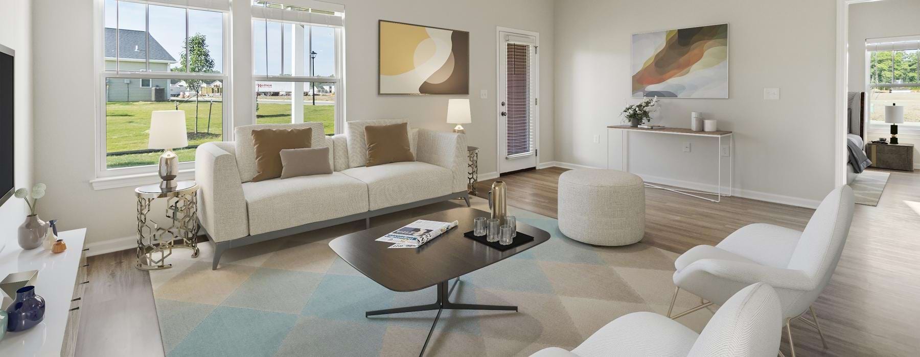 a living room with a large window